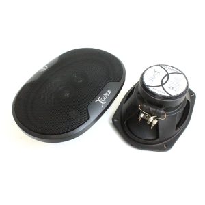 Excell car audio speaker pair with oval mesh grille and round woofer, black, with visible terminals.