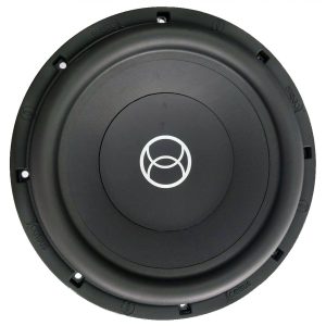 Round black subwoofer driver with central white geometric logo and textured dust cap.