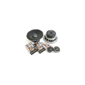 Car audio speaker kit including a woofer, two tweeters, two crossovers, and wiring.