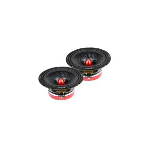 Pair of car speakers with black cones, red center dust caps, and red patterned magnet housings.