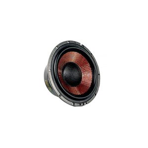 Round car subwoofer driver with copper-colored woven cone, black surround, and metal mounting frame.