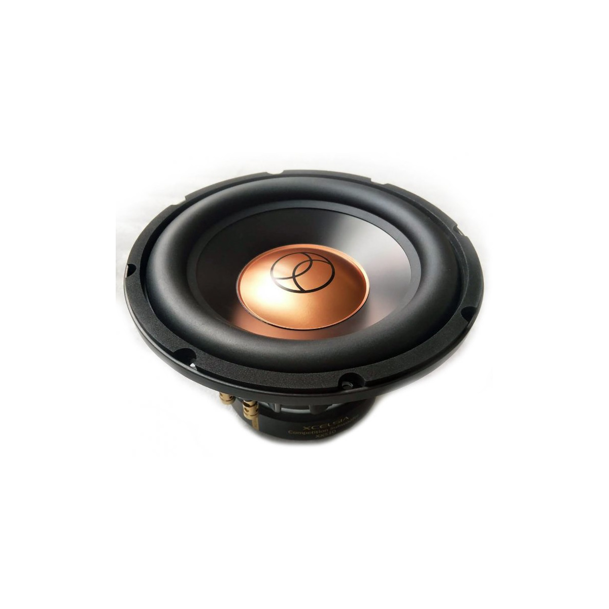Xcelsus Audio Xxs10 Car subwoofer speaker with copper dust cap, black cone, and rubber surround.