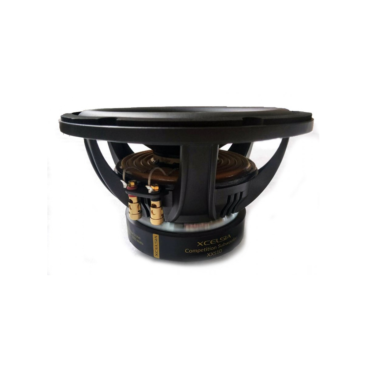 Xcelsus Audio Xxs10 Xcelsia competition subwoofer xxs10 with large black frame, copper voice coil, and dual binding posts.