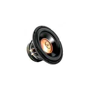 High-performance car subwoofer driver with copper-colored center cap, black cone, and rubber surround.