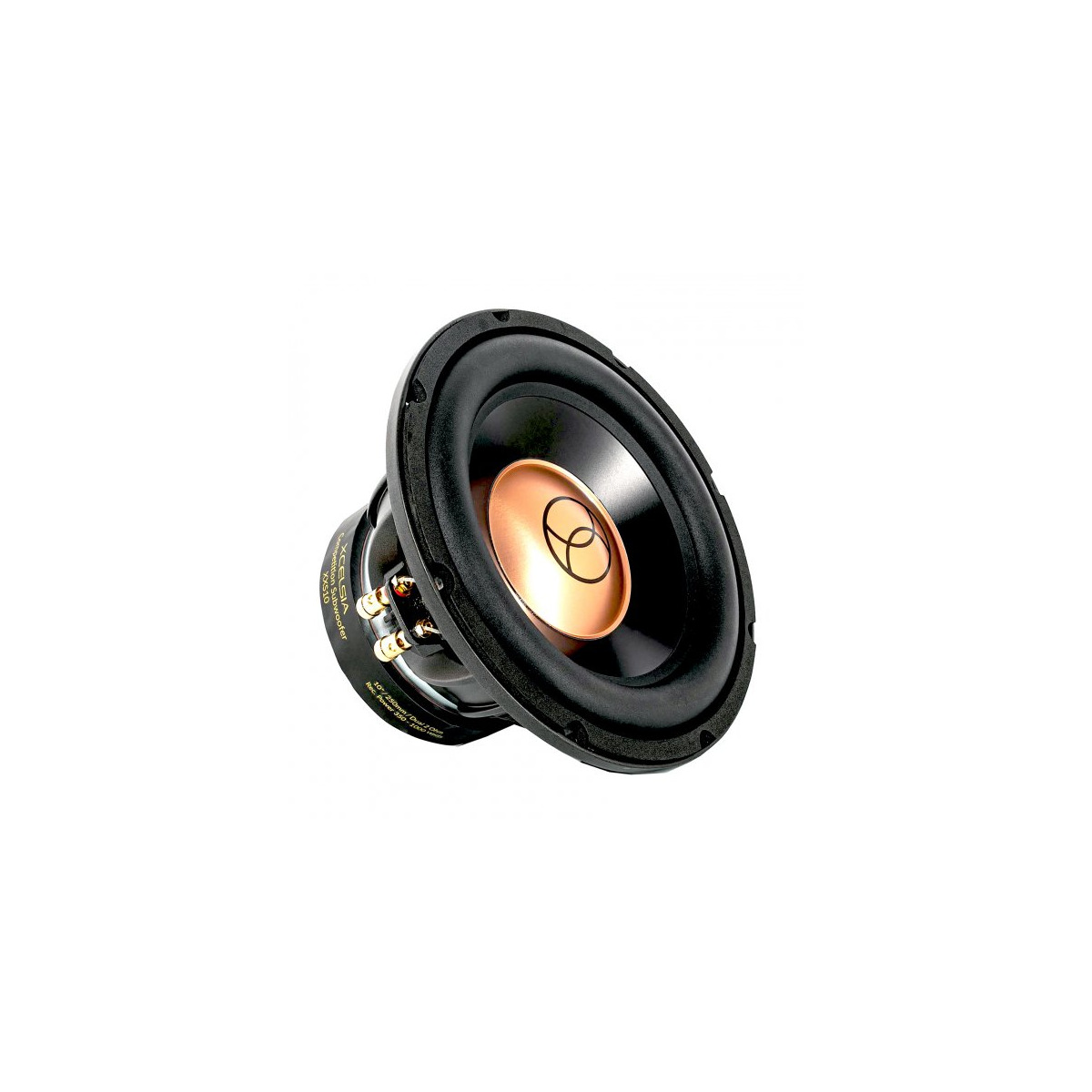 Xcelsus Audio Xxs10 High-performance car subwoofer driver with copper-colored center cap, black cone, and rubber surround.