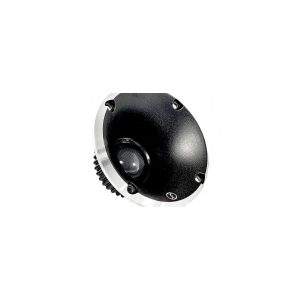 Black circular camera lens housing with silver flange, four screws, visible central lens element, gear-like focus ring.
