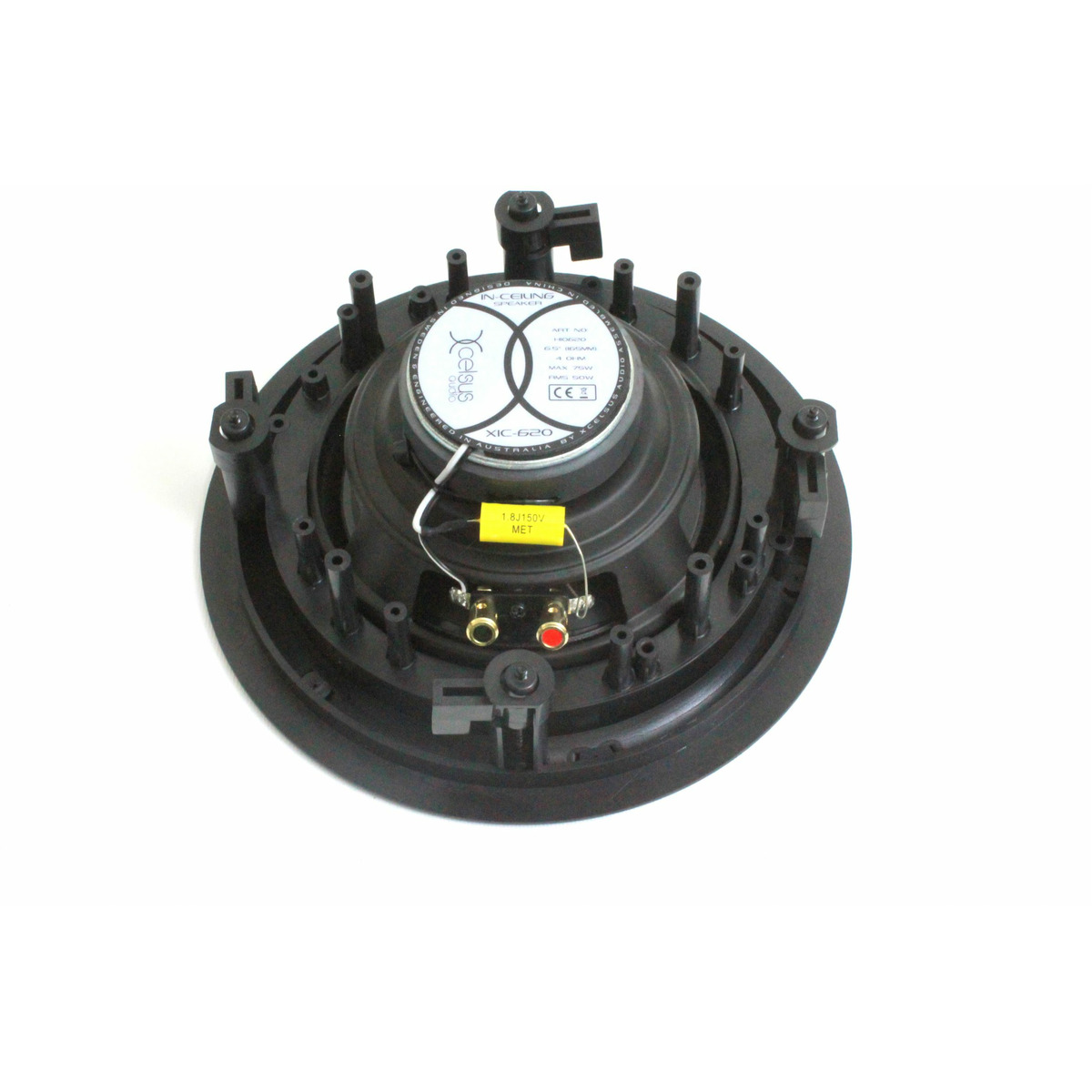 Xcelsus Audio Xic620 Rear view of a round in-ceiling speaker with black mounting frame and red/black terminals.
