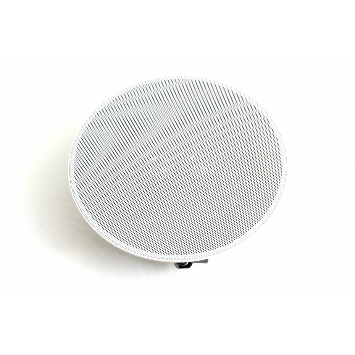 Xcelsus Audio Xic620 Round white speaker with perforated metal grille and circular bezel, small mounting bracket visible at the bottom.