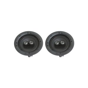 Pair of round black LED downlights with dual central emitters.