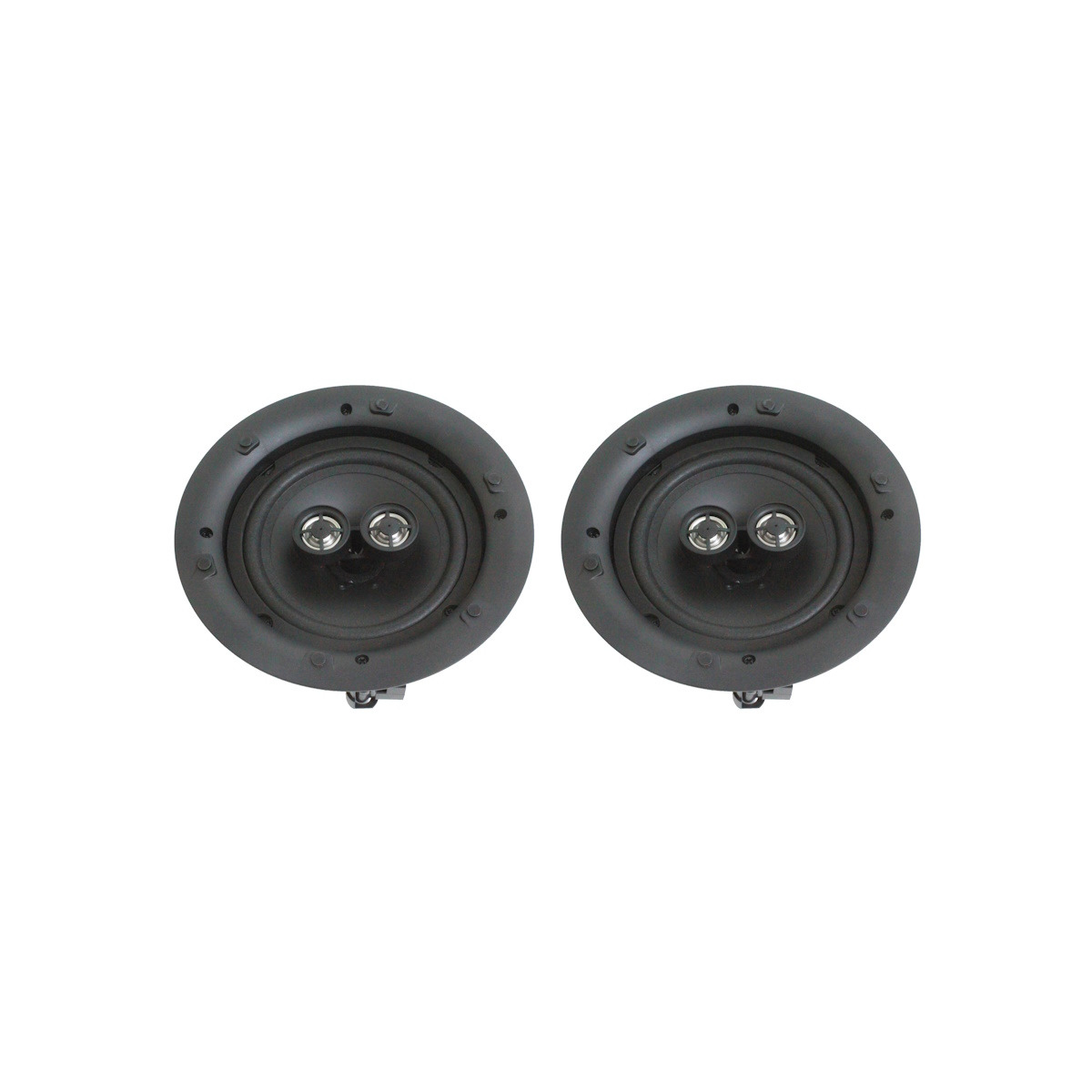 Xcelsus Audio Xic620 Pair of round black led downlights with dual central emitters.