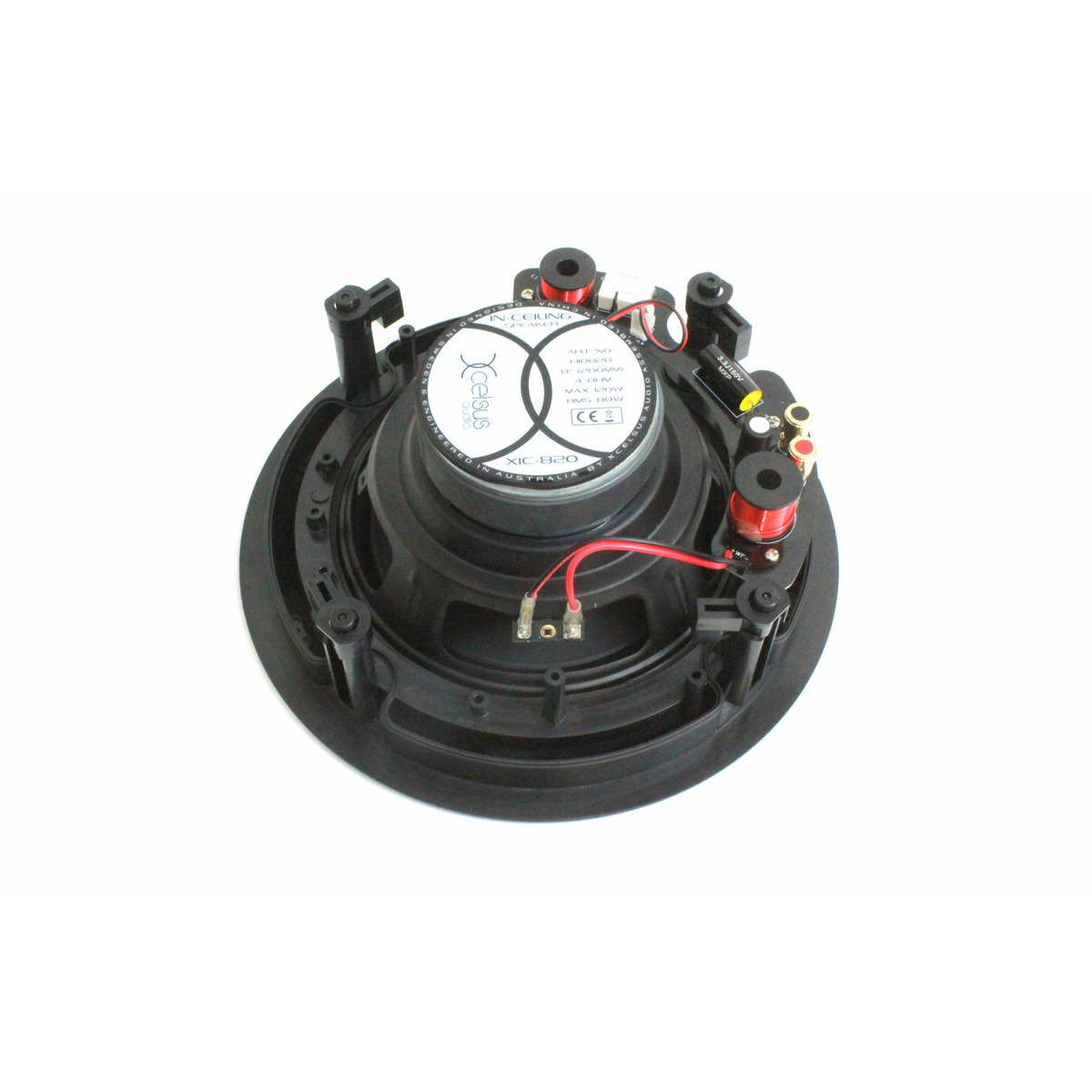 Xcelsus Audio Xic820 Round black in-ceiling speaker driver with mounting frame, red and black wires, and terminal connectors.