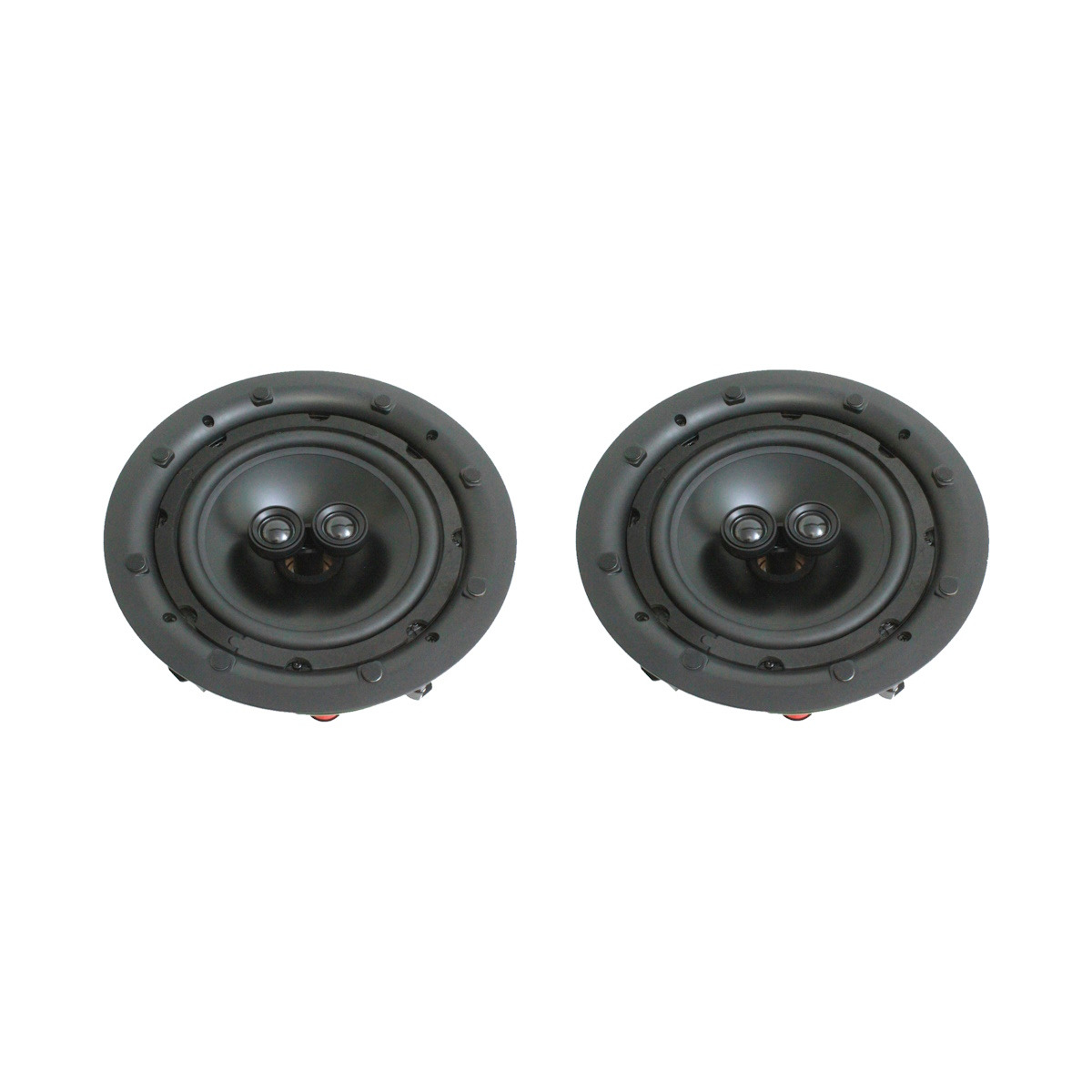 Xcelsus Audio Xic820 Two round black coaxial speakers with dual tweeters.