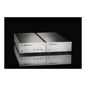 Lehmann Audio stacked silver stereo components with front-panel blue LEDs, knobs, and MC/High switch indicators.