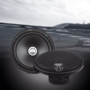 Mac Audio car speaker with round woofer and black perforated mesh grille