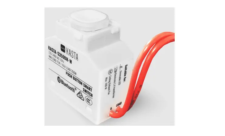 Smart Push Button S350Bh Switch Relay Mechanism Kasta push-button smart switch module with bluetooth, white enclosure, and red wire leads.