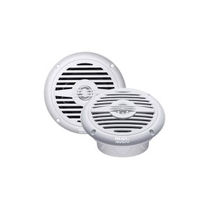 Pair of round MAC Audio speakers with white slatted grills and central tweeters.