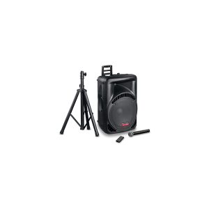 Portable PA speaker system with a tall tripod stand, wireless handheld microphone, and remote control.