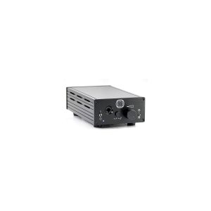 Compact black desktop headphone amplifier with a large right-front volume knob and front-panel input controls.