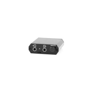 Brushed metal USB audio interface with dual 3.5mm jacks, LED indicator, and front-mounted volume knob.