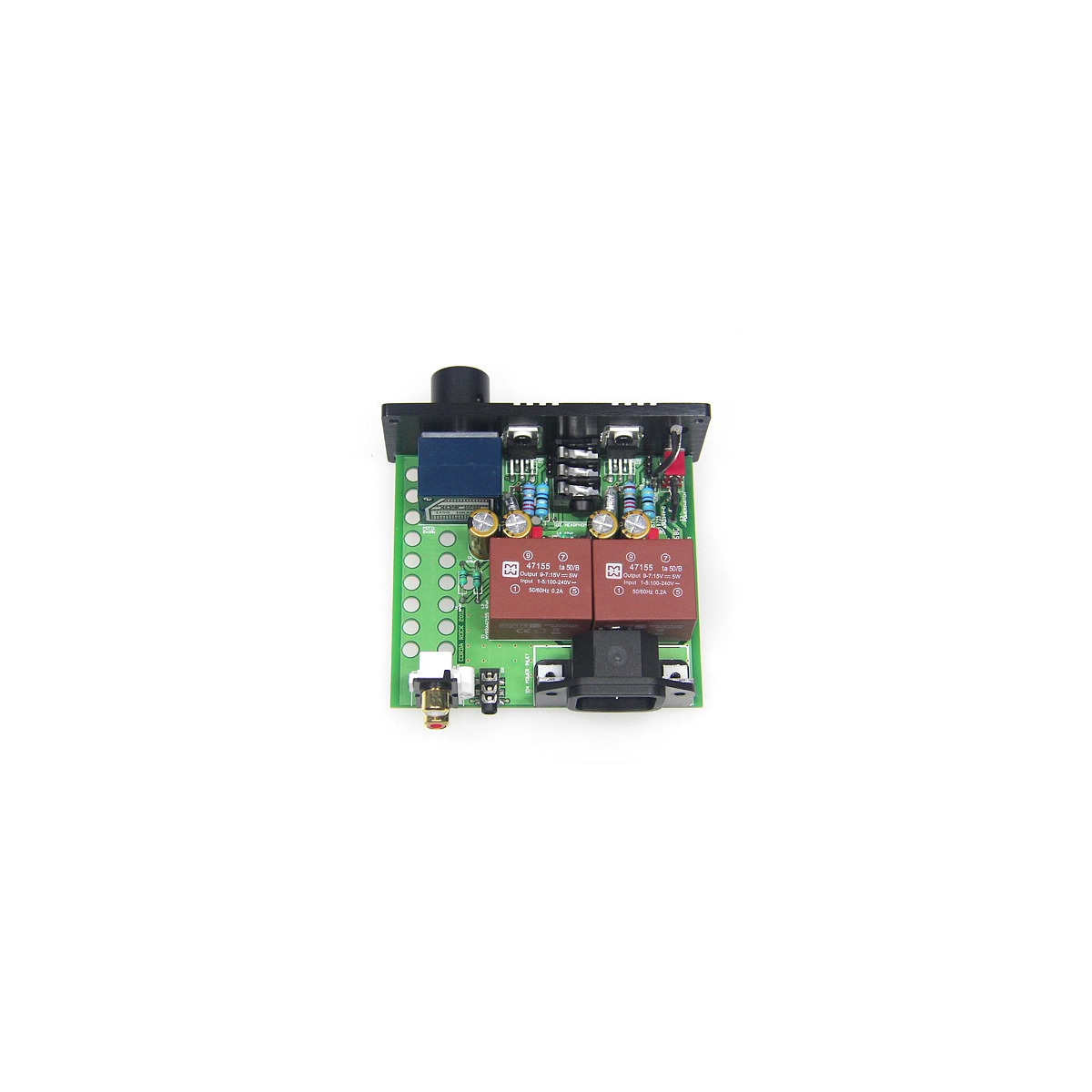 Meier-Audio Corda Rock-Ff Green pcb featuring two red relays, blue transformer, electrolytic capacitors, resistors, and a black plastic connector.
