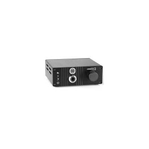 Compact black audio amplifier with large right-side volume knob, input jack, and ventilation slots on the front panel.