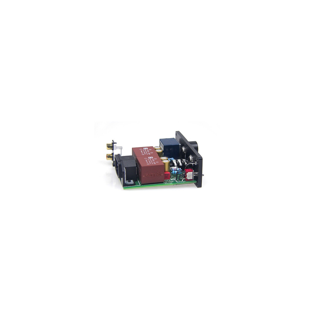 Meier-Audio Corda Rock-Ff Compact power supply circuit board featuring red film capacitors, a blue transformer, and a black mounting bracket.