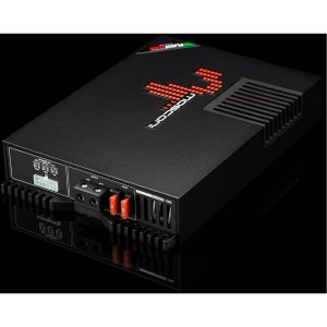 Gladen One car amplifier in a black metal enclosure with front-panel connectors, fuses, and a large side heatsink.