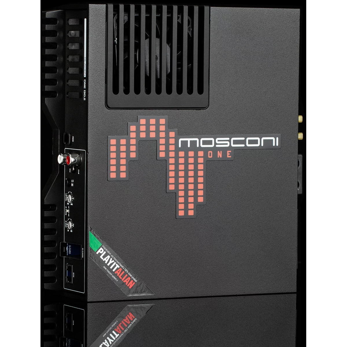 Mosconi 1-130.2 Mosconi one car audio amplifier with black textured housing, cooling vents, and red pixel logo.