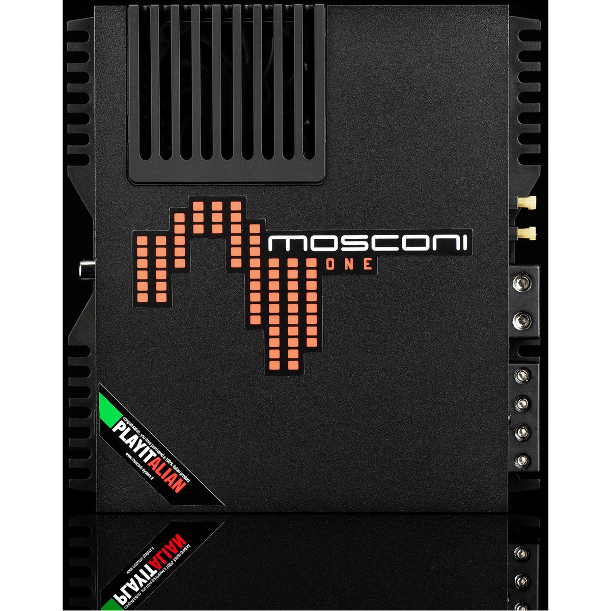 Mosconi 1-130.2 Mosconi one car audio amplifier in a black metal chassis with orange logo, cooling vents, and gold terminal connectors.