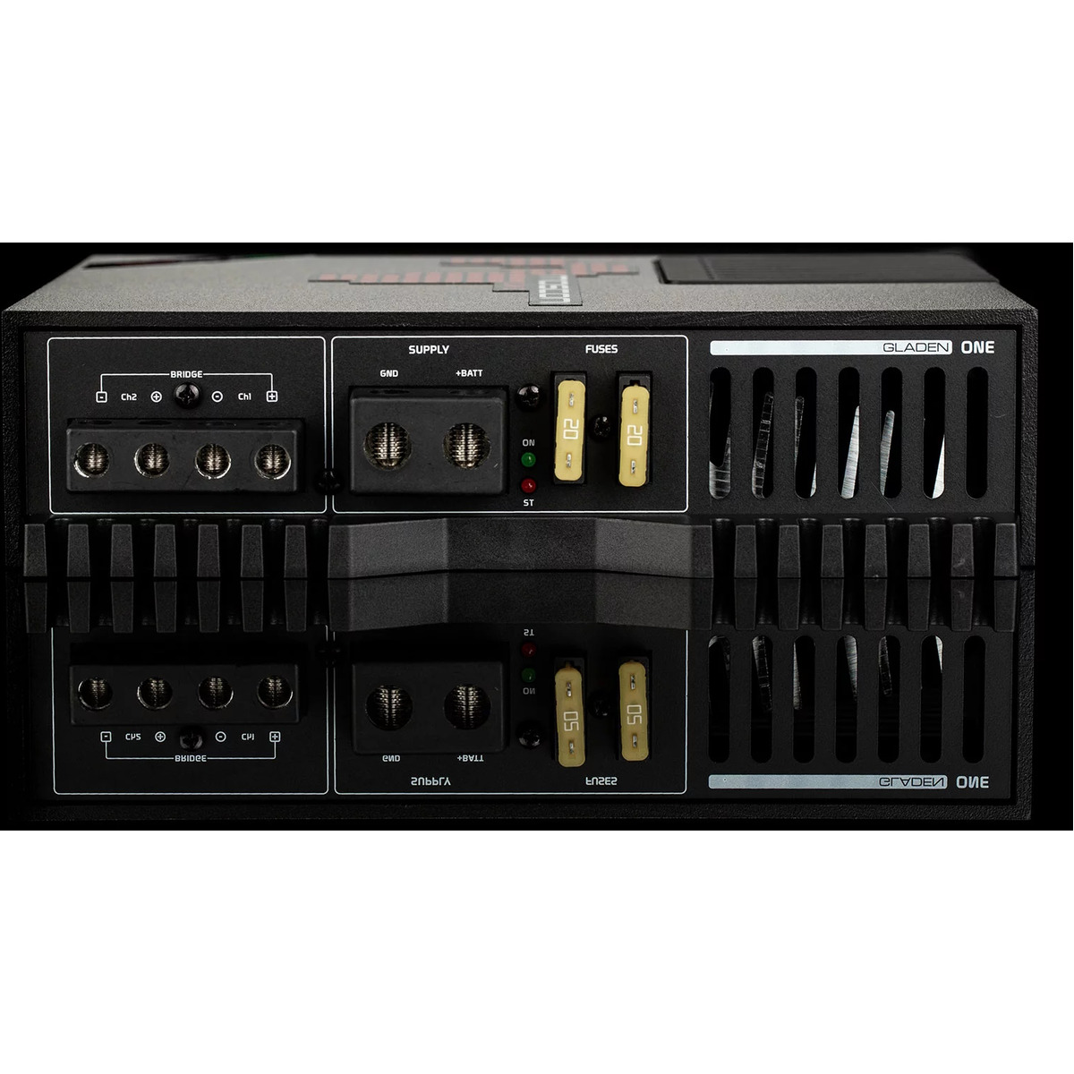 Mosconi 1-130.2 Gladen one car amplifier with dual power supply, large heatsinks, and multiple terminal blocks.
