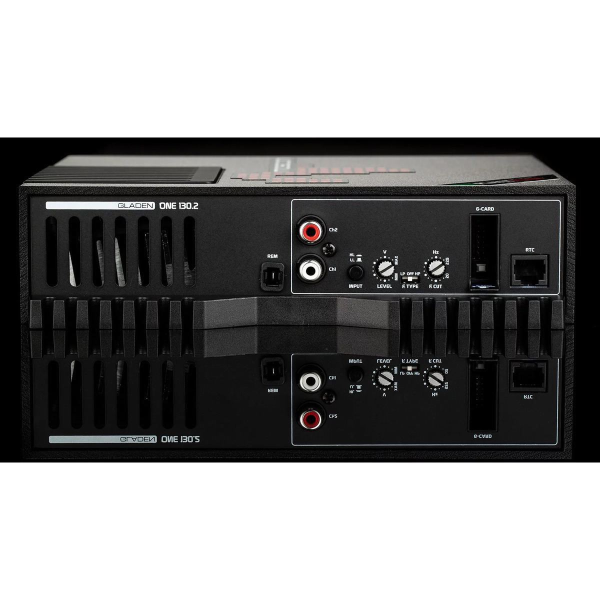 Mosconi 1-130.2 Gladen one 130. 2 car amplifier, front panel with rca inputs, level controls, rem switch, and cooling vents.