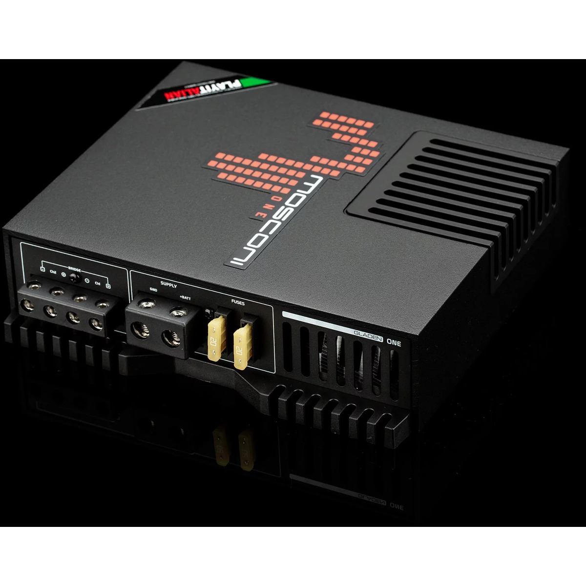 Mosconi 1-130.2 Gladen one monoblock car amplifier with vented heatsink, power/fuse terminals, and black rugged enclosure.