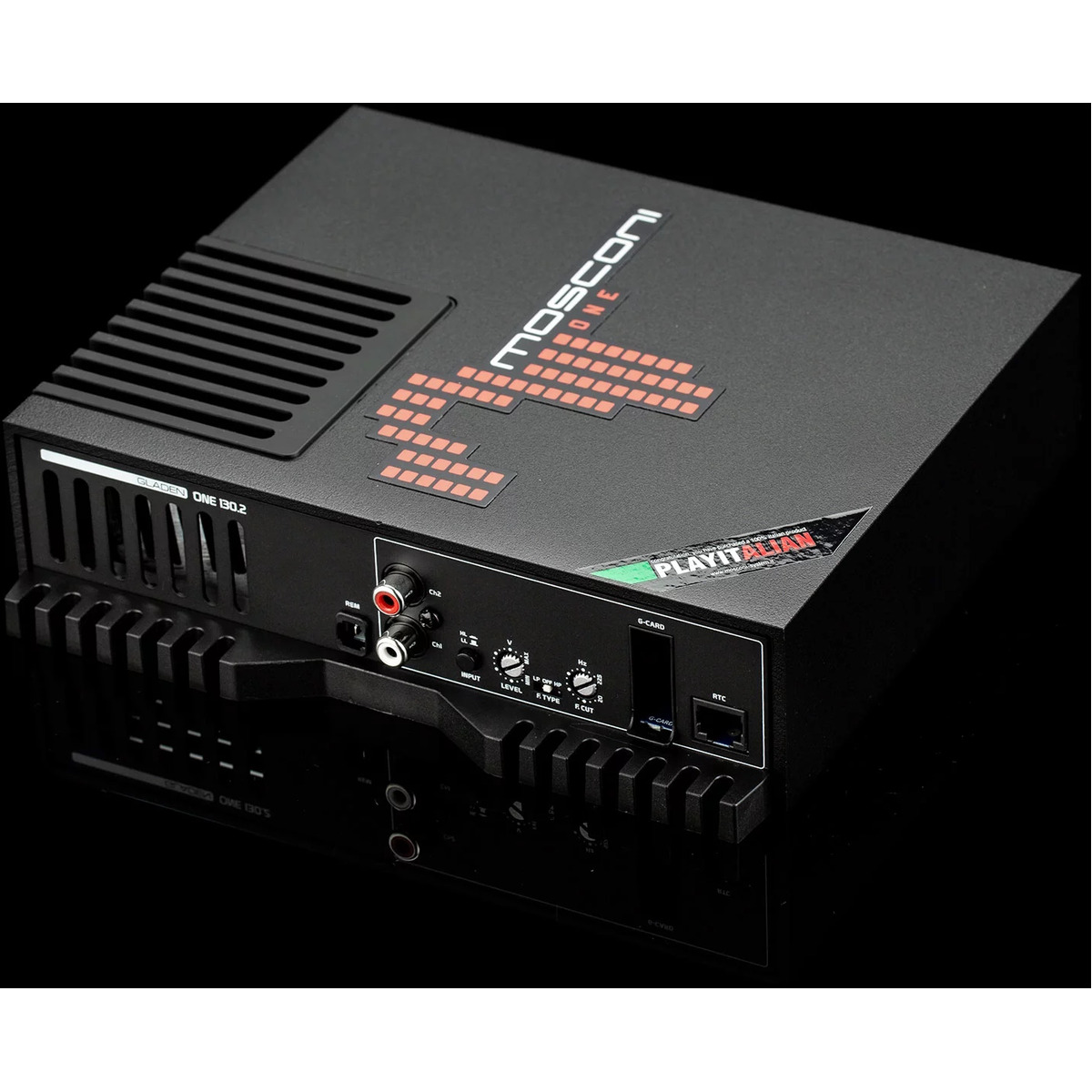 Mosconi 1-130.2 Gladen one 80. 2 car amplifier with large heatsinks, front controls, and rca inputs.