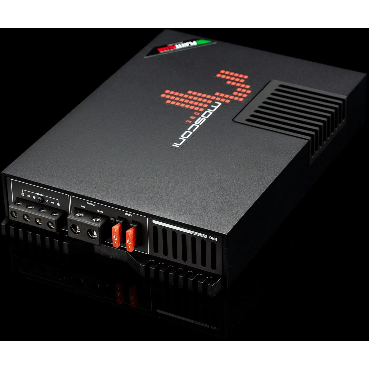Mosconi 1-250.2 Gladen one car amplifier with red inline fuses, terminal blocks, and side cooling vents.