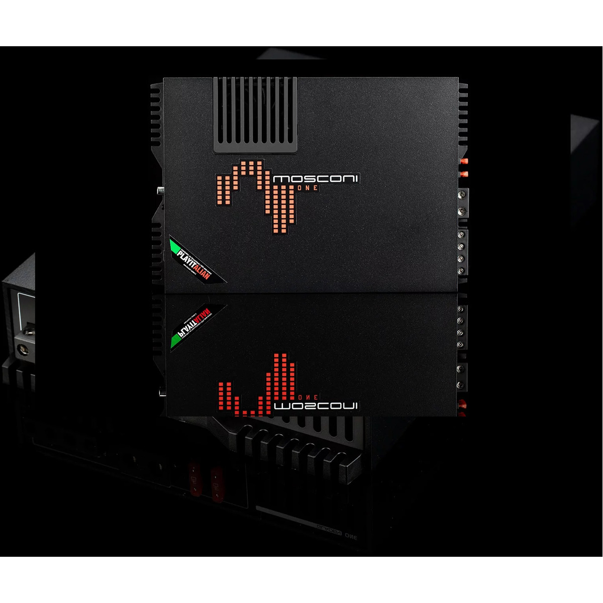 Mosconi 1-250.2 Mosconi one car audio amplifier, black metal chassis with orange waveform logo and side cooling vents.