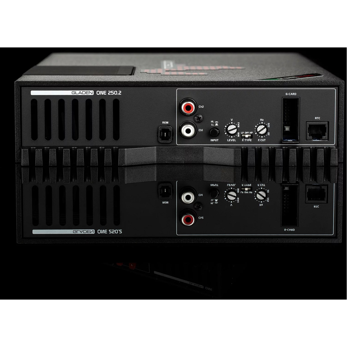 Mosconi 1-250.2 Gladen one 250. 2 car amplifier with dual module chassis, rca inputs, level controls, and prominent cooling fins.