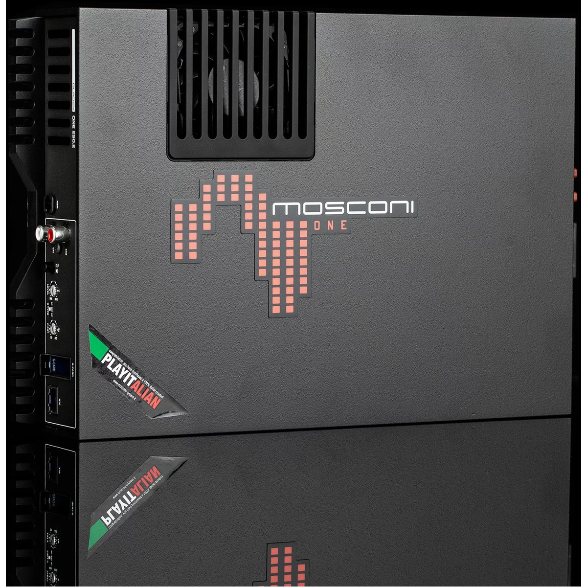 Mosconi 1-250.2 Mosconi one car amplifier with textured black chassis, ventilation grille, pink logo, and play italian sticker.