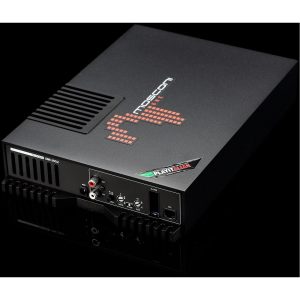 Mosconi car audio amplifier model One 250.2 with black metal chassis, cooling fins and Play It Loud sticker