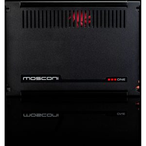 Mosconi ONE car amplifier in black metal housing with vented top and red cooling vent glow.