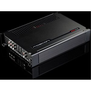 Mosconi car amplifier, model ONE, black chassis with red indicator lights and multiple RCA inputs.