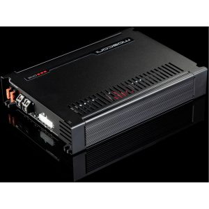 Black monoblock car amplifier with vented top, heatsink fins, and side terminal connections.