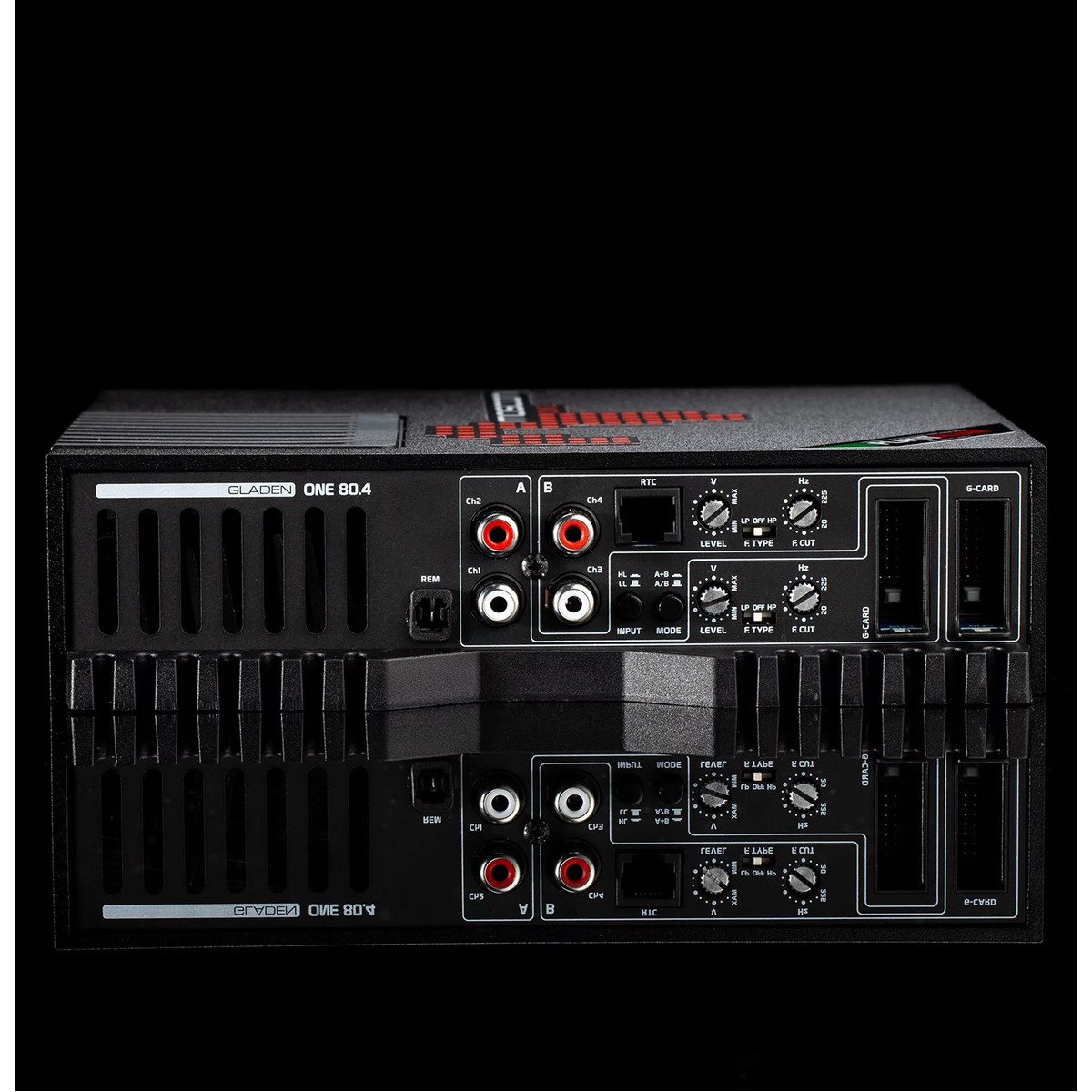 Mosconi 1-80.4 Gladen one 80. 4 four-channel car amplifier, dual stacked units with red rca inputs and g-card slots