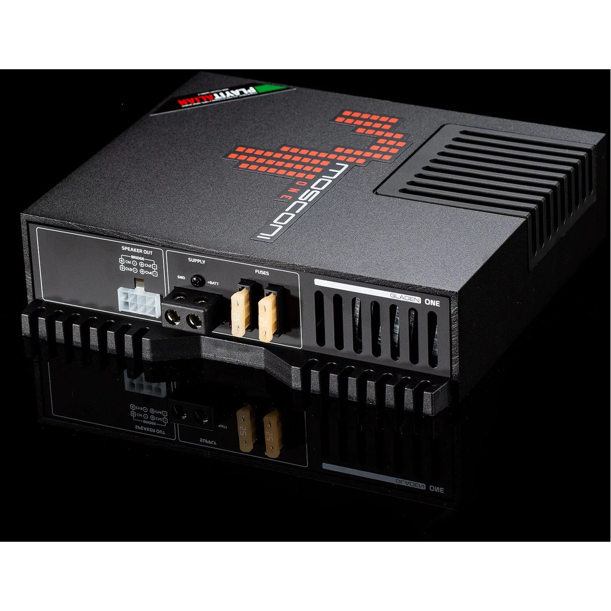 Mosconi 1-80.4 Gladen one car amplifier with vented heatsink, back power and fuse connectors.