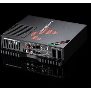Gladen One 80.4 four-channel car amplifier with a black case, vented heatsink, and front RCA connectors.