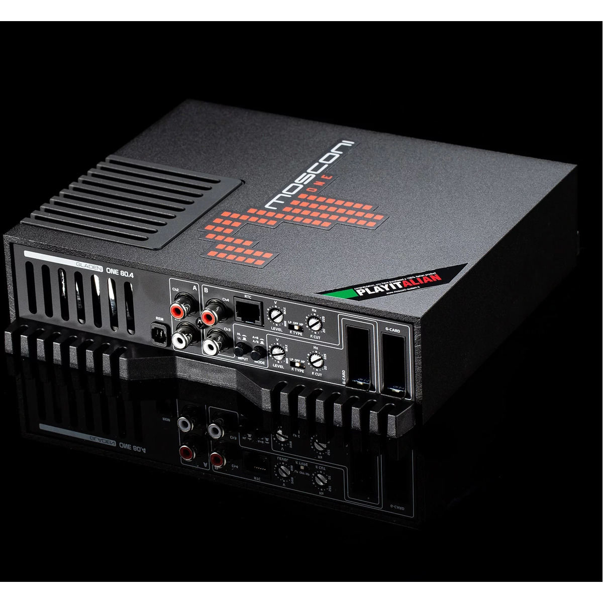 Mosconi 1-80.4 Gladen one 80. 4 four-channel car amplifier with a black case, vented heatsink, and front rca connectors.