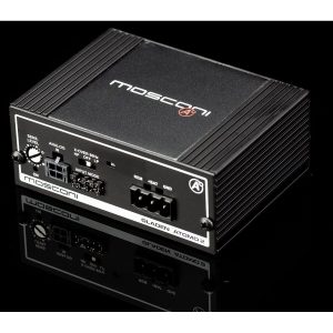 Mosconi Gladen Atom02 car amplifier in black aluminum with front-panel controls and power connectors.
