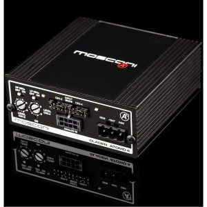 Mosconi Gladen AtomO 4 four-channel car amplifier with analog inputs and front-panel knobs