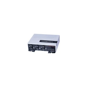 Mosconi car audio amplifier with brushed aluminum enclosure, front-panel controls, knobs, and multiple input/output connectors.