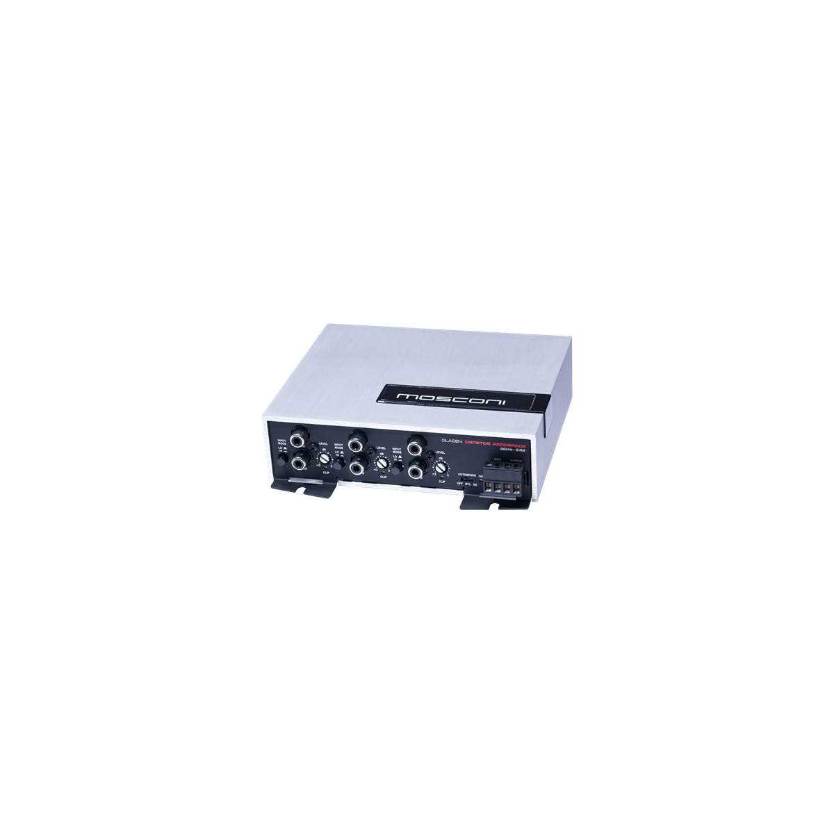 Mosconi Dsp-6-8-As Mosconi car audio amplifier with brushed aluminum enclosure, front-panel controls, knobs, and multiple input/output connectors.