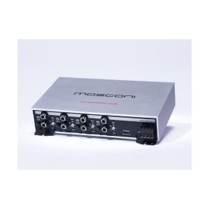 Mosconi sound processor in a silver metal enclosure with front-panel knobs and RCA input jacks.